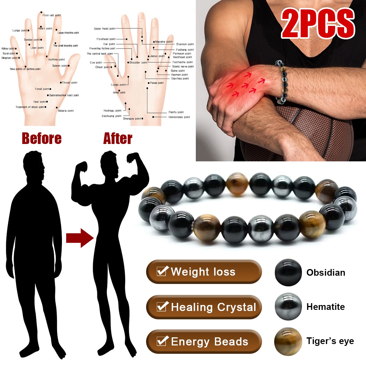 Coordinates Bracelet - 2ピース/セットトリプルプロテクションブレスレット-タイガーズアイ、ブラック黒曜石、保護用ヘマタイト、バランスヒーリングエネルギーブレスレット