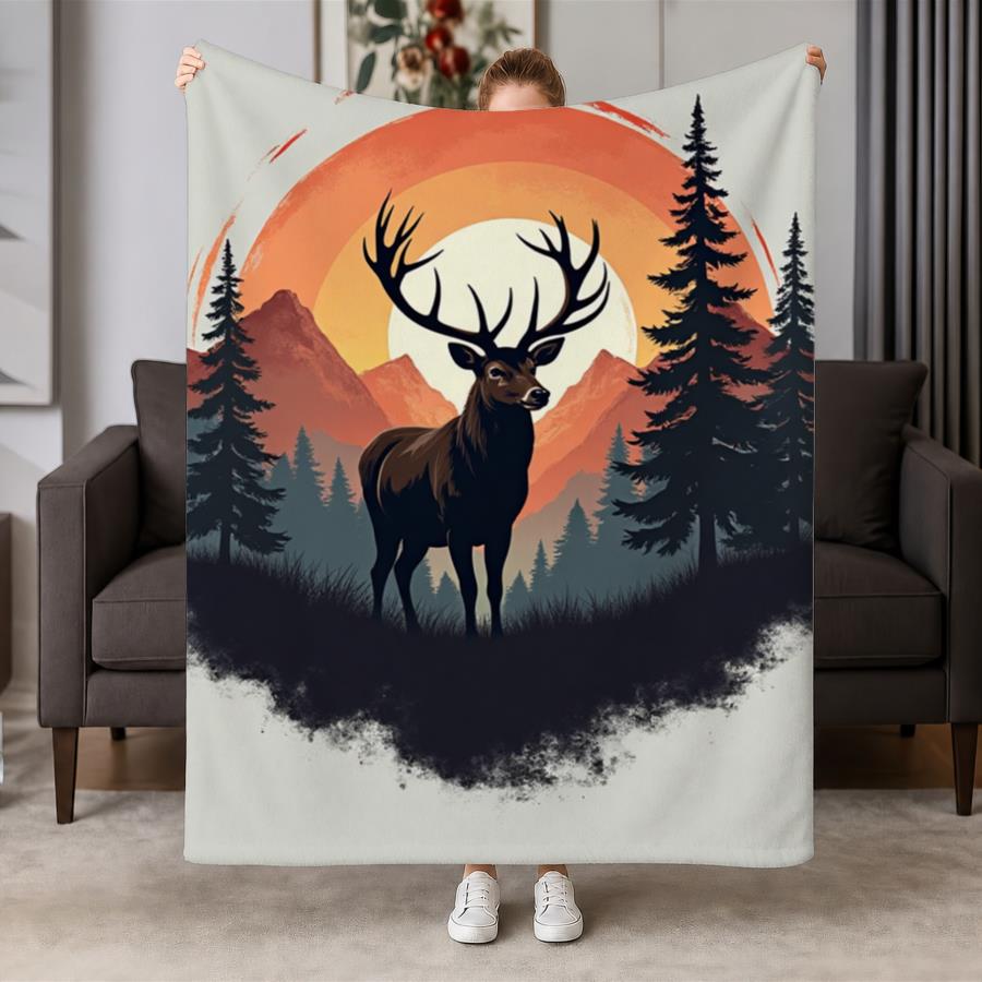 Family Tree Print - ヴィンテージ鹿と山の夕焼け柄フランネルスローブランケット - 柔らかく温かいレトロな自然デザイン（松の木付き）、ソファ、ベッド、オフィス、旅行に最適、友人や家族へのプレゼントに最適、洗濯機で洗える2Dフラットウェイトブランケット280GS