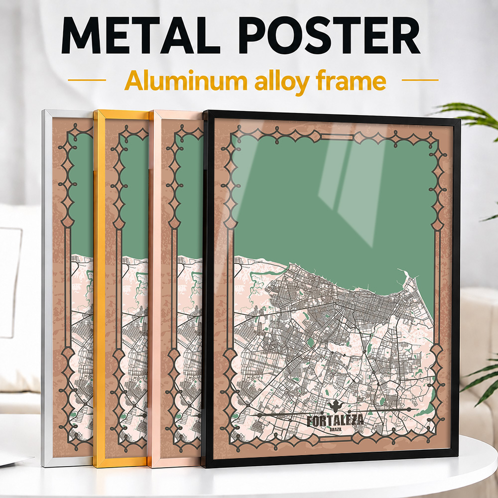 Custom Map Poster - フォルタレザ市街地図フレーム入りメタルプリント、カスタマイズ写真モノクロストリートスタイルウォールアート、ホームオフィス用プレミアムコレクターギフト
