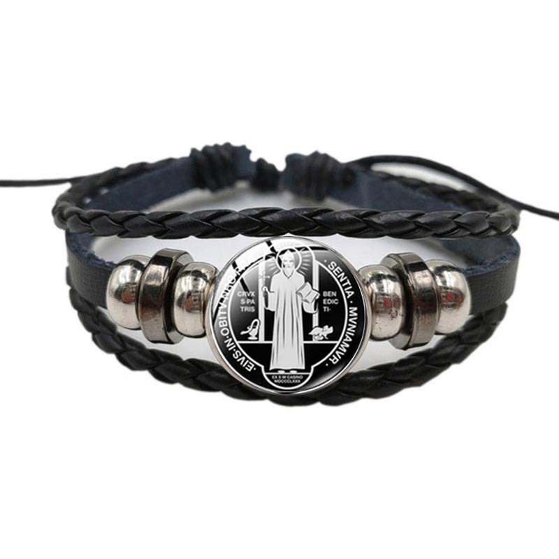Coordinates Bracelet - カトリック聖ベネディクト悪魔払い革ブレスレット保育園聖ベネディクトクリスチャンパターンガラスバックルブレスレット