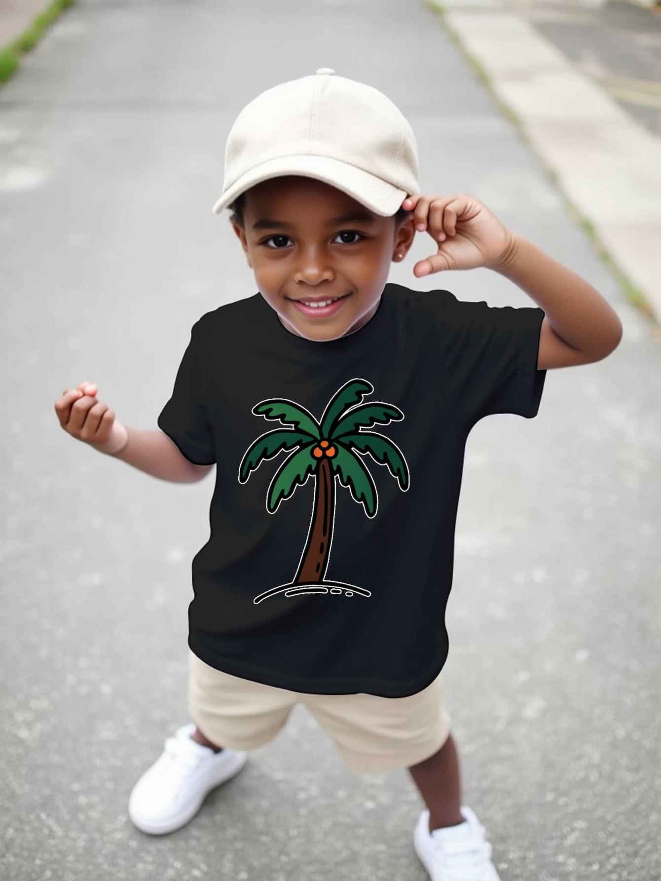 Family Tree Print - 漫画風ココナッツパームツリー トロピカルサマープラント グラフィックプリント Tシャツ 家族お揃い ボーイズ