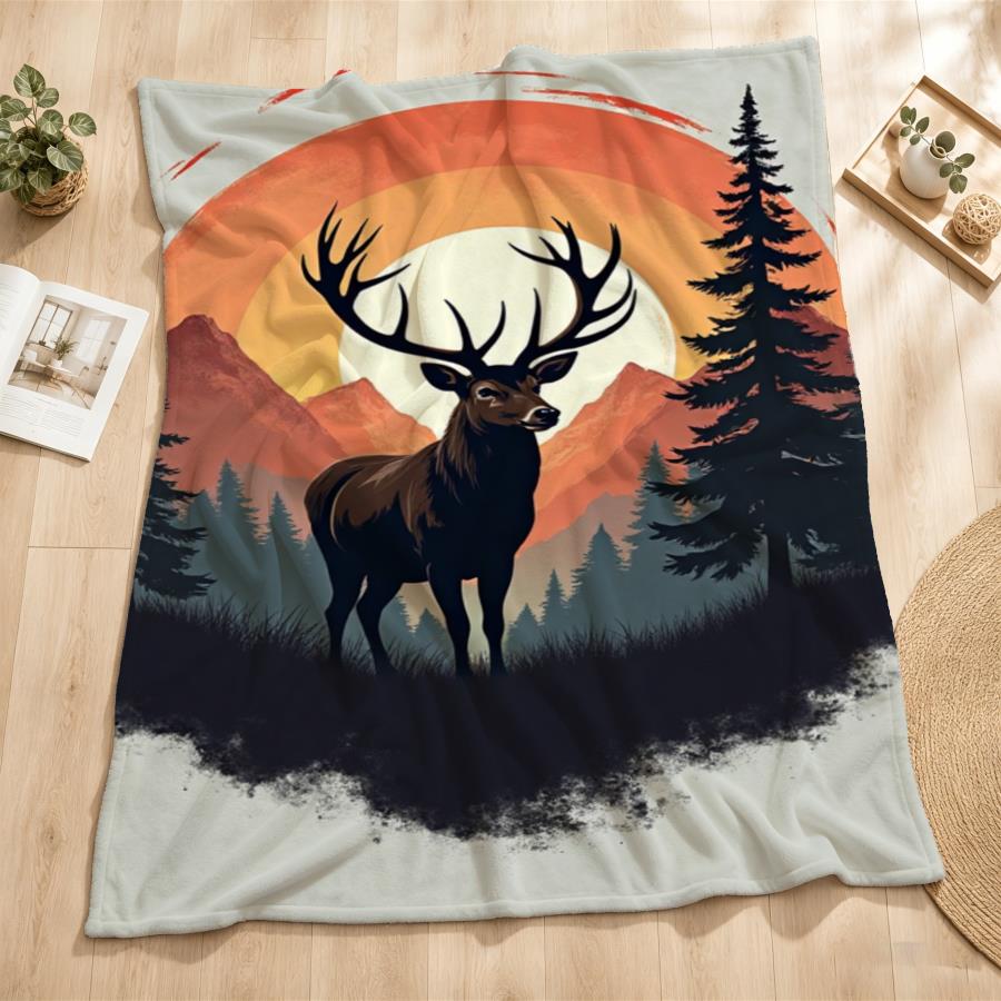 ヴィンテージ鹿と山の夕焼け柄フランネルスローブランケット - - Family Tree Print のレビューと価格